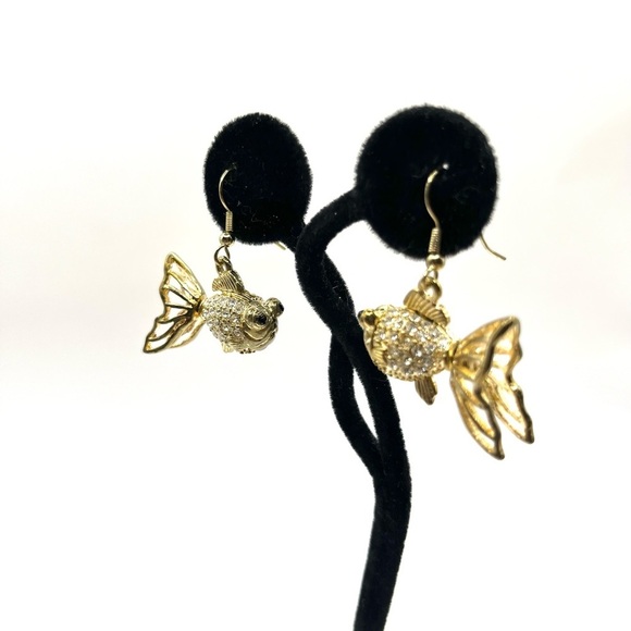 Gold Tone Crystal Fish Earrings with Whimsical Design 3 D Hook Earrings - Picture 3 of 10